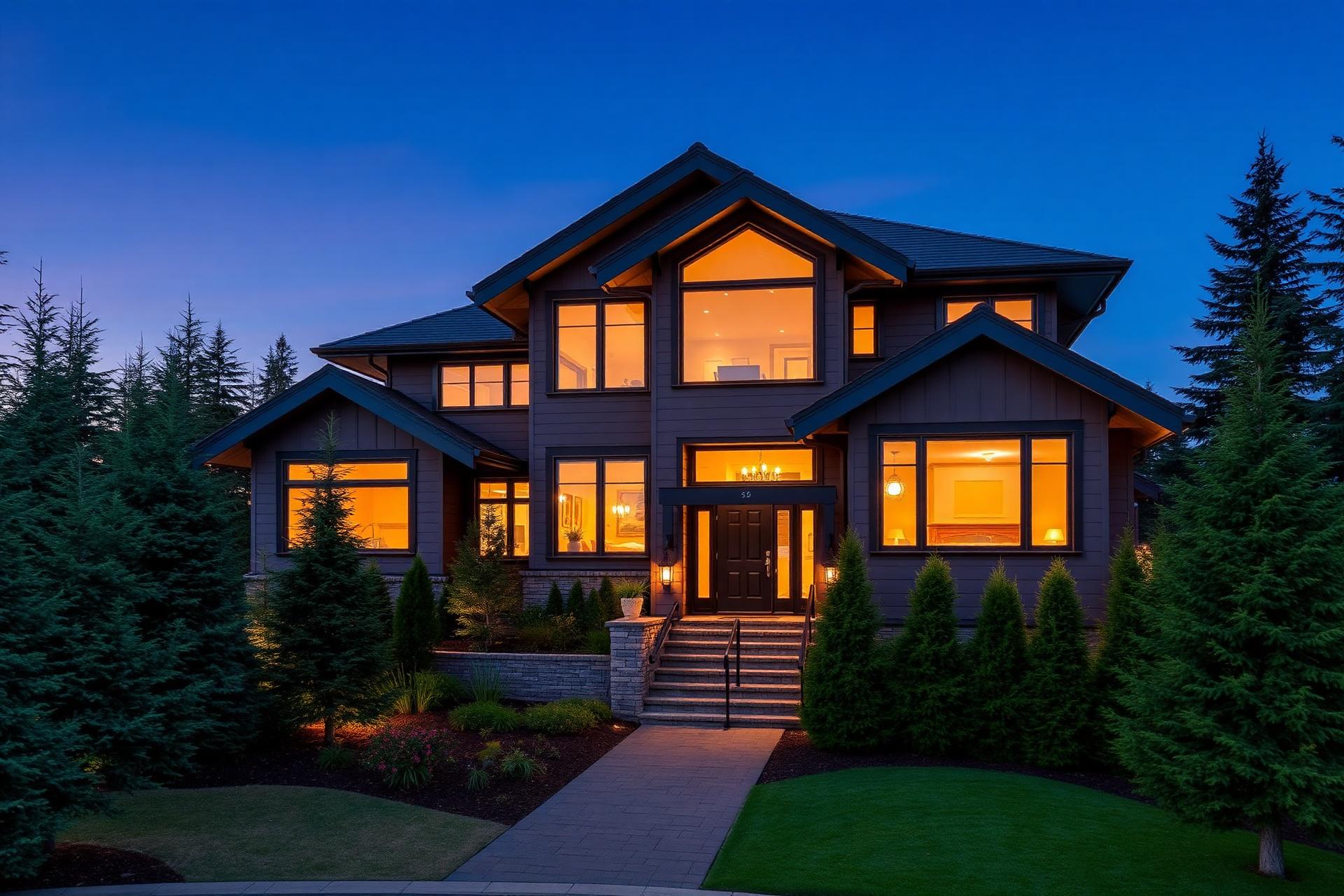 Modern Pacific Northwest home at twilight