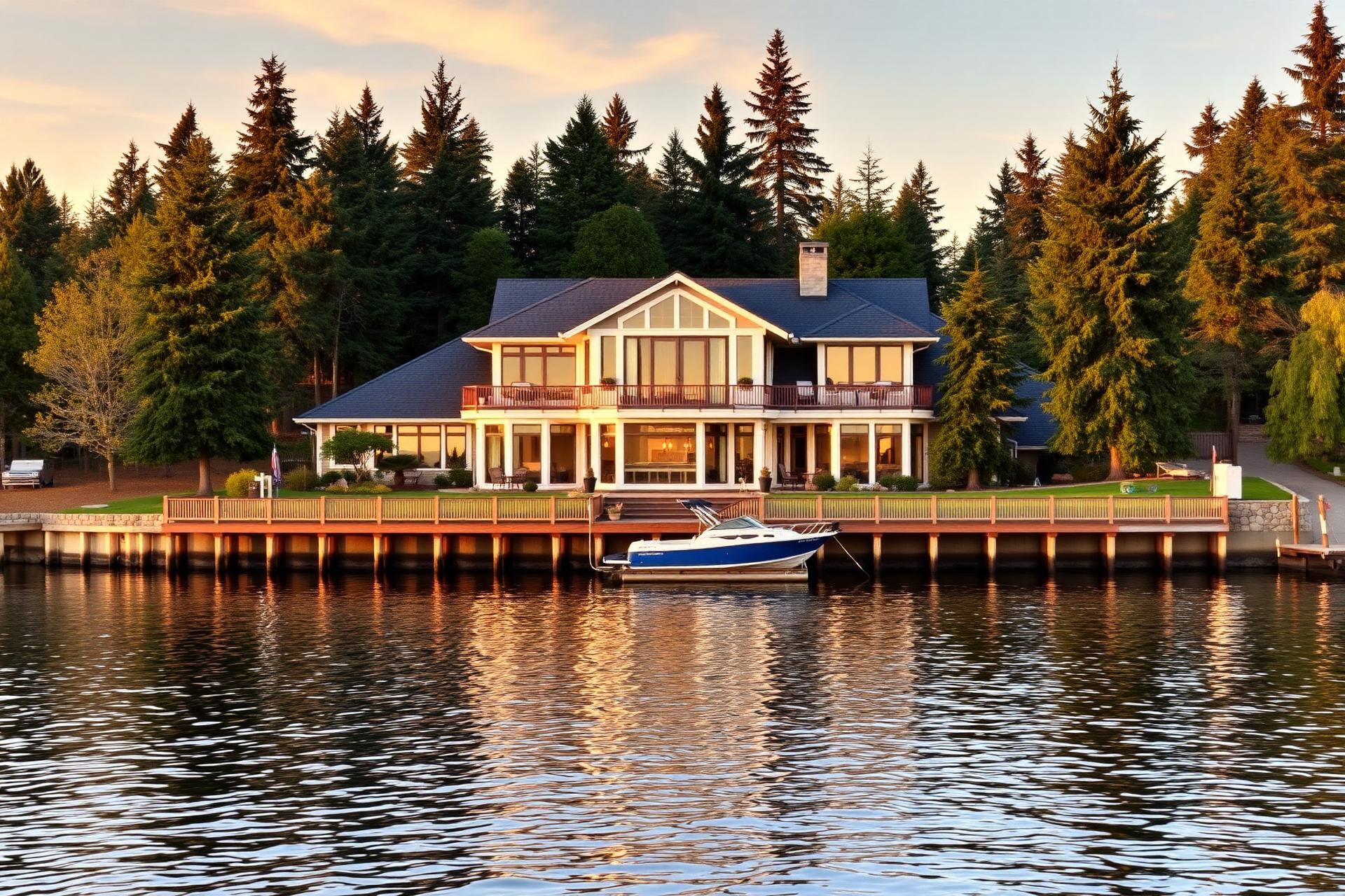 Lakefront home on Lake Washington at golden hour